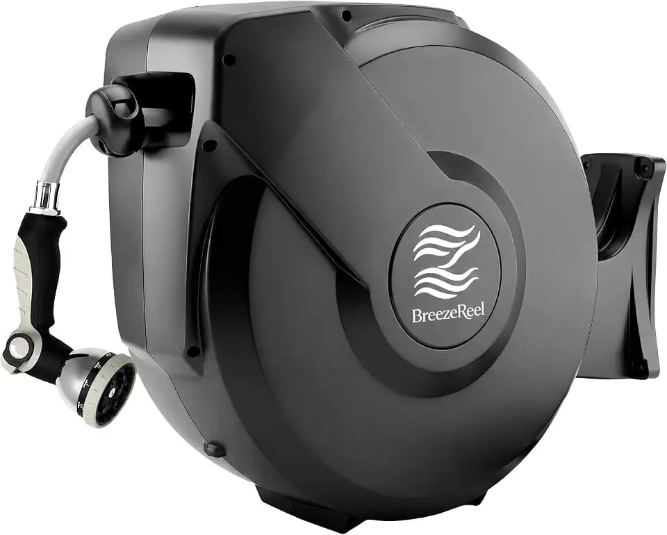 Retractable Garden Hose Reel - 5/8 in x 100 ft Automatic Wall Mount Automatic Water Hose Reel with 10 Patterns Nozzle, Heavy-Duty Aluminum Mount, 180° Swivel, Auto-Lock for Outdoor Watering