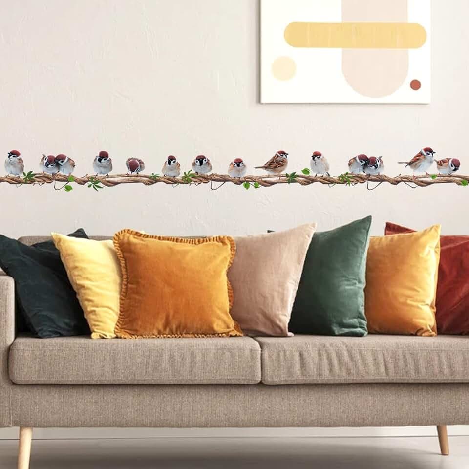 Colorful Bird On Tree Vine Wall Decals, Removable Creative Bird Wall Stickers, Lifelike Lovely Birds Decor, DIY Vinyl Art Murals for Boys Girls Kids Bedroom Living Room Nursery Decoration (Small)