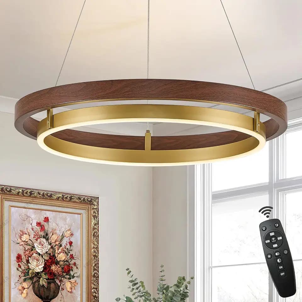 LED Ring Chandelier Dimmable Gold Walnut Wood Chandeliers