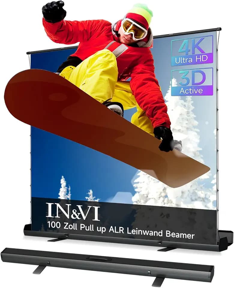 IN&VI Tragbare Leinwand Beamer 100 Zoll Format 16:9,Hochziehbare Pull-Up Beamer Leinwand mit Ständer,Ideal für Heimkino, Innen-/Außenfilme