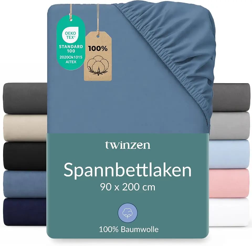 Twinzen Spannbettlaken Baumwoll-Jersey 90x200 Blau Steghöhe 30 cm