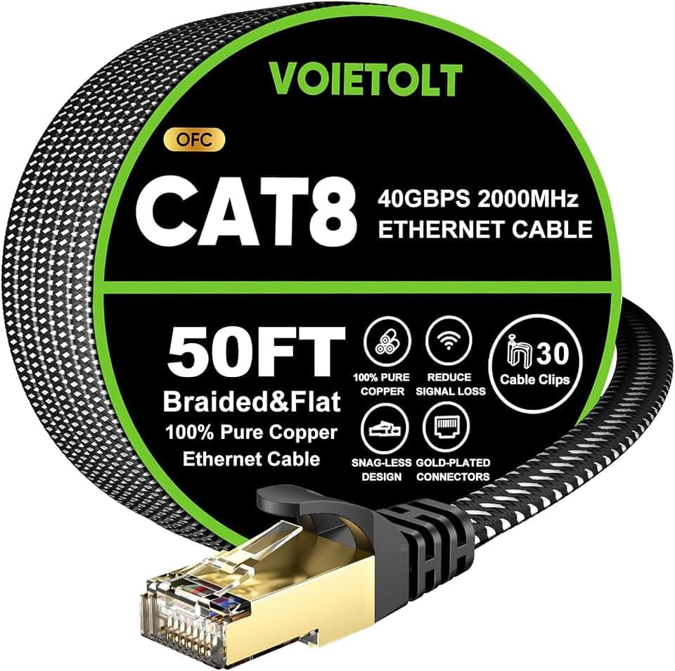 Cat 8 Ethernet Cable 50 FT Flat, High Speed 40Gbps 2000Mhz Braided Internet Cable with Gold Plated RJ45 Network LAN Cable SSTP, Heavy Duty Ethernet Cord Compatible for PS4/5, for Modems, PC/Laptop