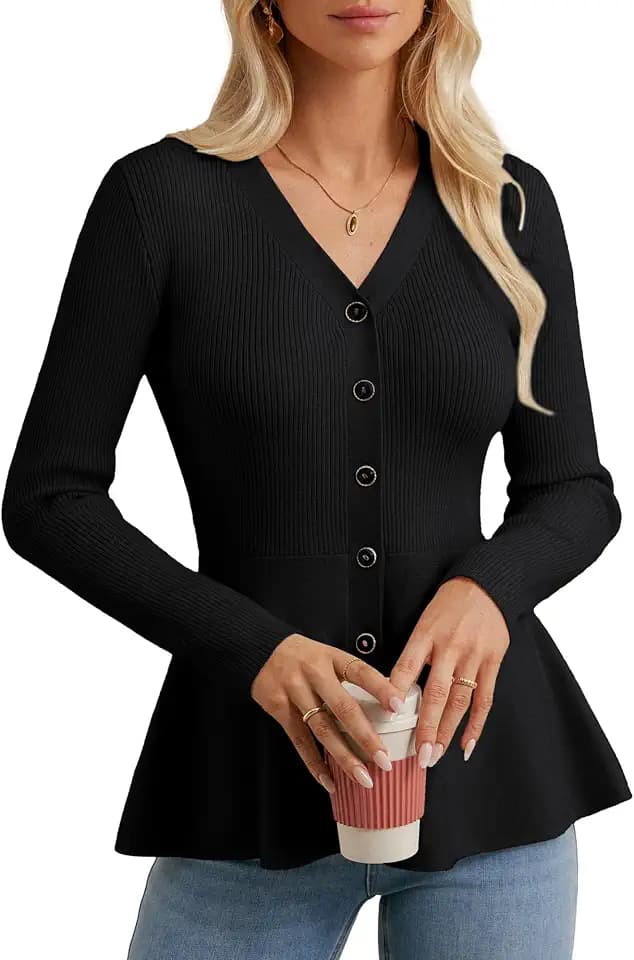 GRACE KARIN Long Sleeve Cardigan Sweaters for Women, Button Up Knit Blazer, Lightweight Business Casual Peplum Tops