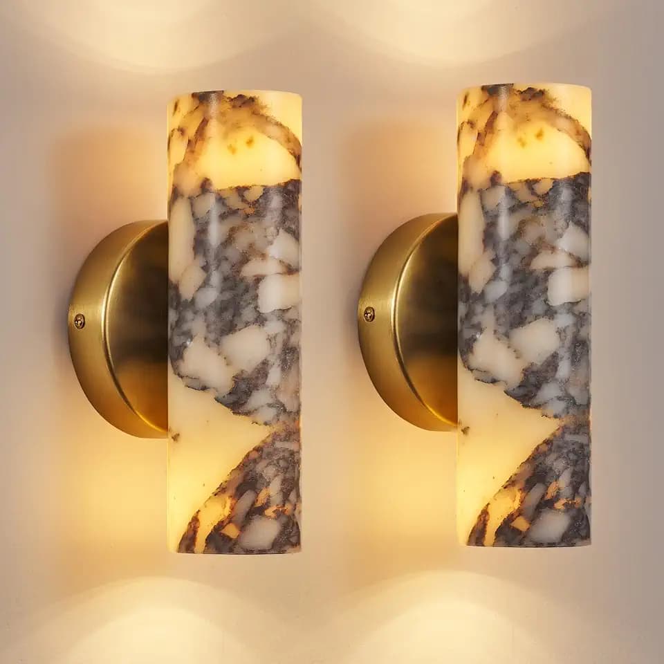 Natural Marble Wall Sconces Set of 2, Alabaster Wall Light, Hardwired Wall Light Fixtures, Modern Wall Mount Wall Lights for Dining Room Stairs Bedroom Bathroom Hallway