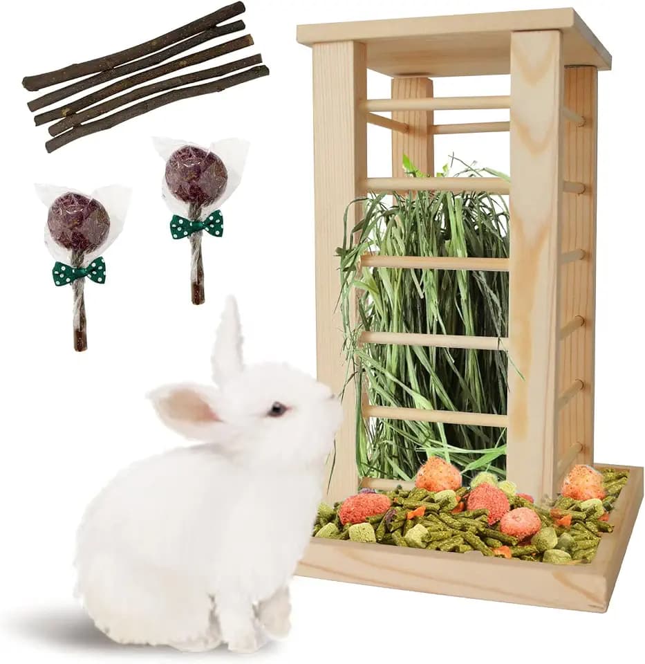 Rabbit Hay Feeder Wooden Bunny Hay Rack Guinea Pig Feeding Manger Standing Rabbits Grass Holder Small Animals Less Waste Food Dispenser for Chinchillas Hamsters Bunnies Gerbil