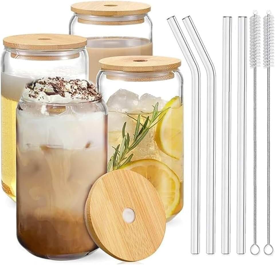 Glass Cups with Bamboo Lids and Straws - Drinking Glasses with Glass Straw, Glass Tumbler with Straw and Lid, Glass Coffee Mugs with Lids, Cute Glass Cups with Lids and Straws, Glass Coffee Cup (4)