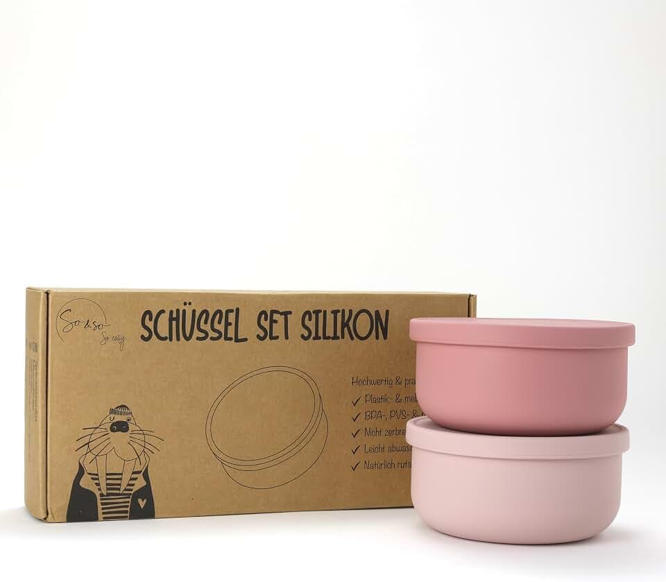 So&So Silikon Schüssel mit Deckel - Kinderschüssel, Beikost Baby Zubehör, Baby Geschirr, Breischale Baby (Beach und Berry - Ohne Druck, ohne Saugnapf)
