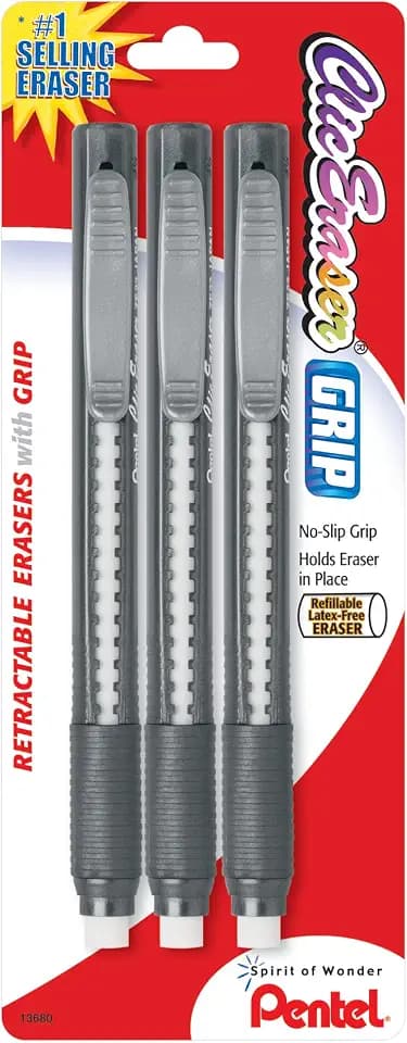 Pentel Clic Retractable Eraser with Grip, Assorted Barrel Colors, Pack of 3 (ZE21BP3K6)