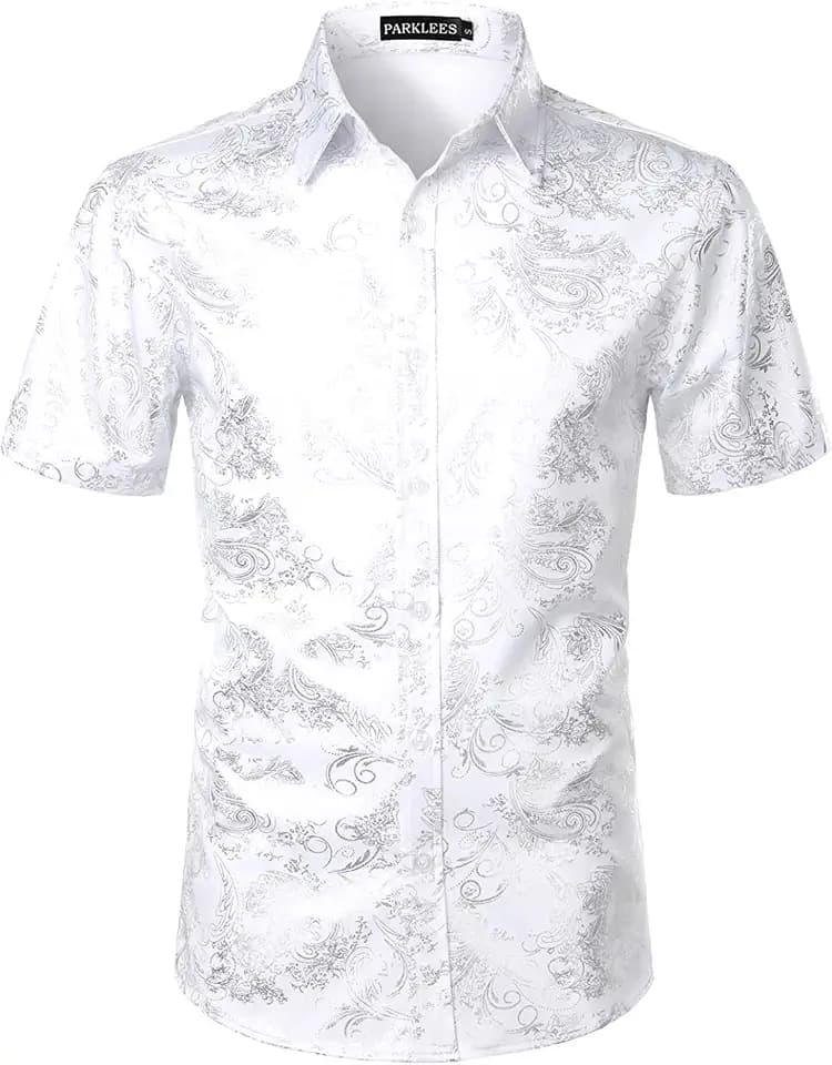 PARKLEES Herren Hipster Gold Rose Gedruckt Slim Fit Kurzarm Button Down Kleid Shirts