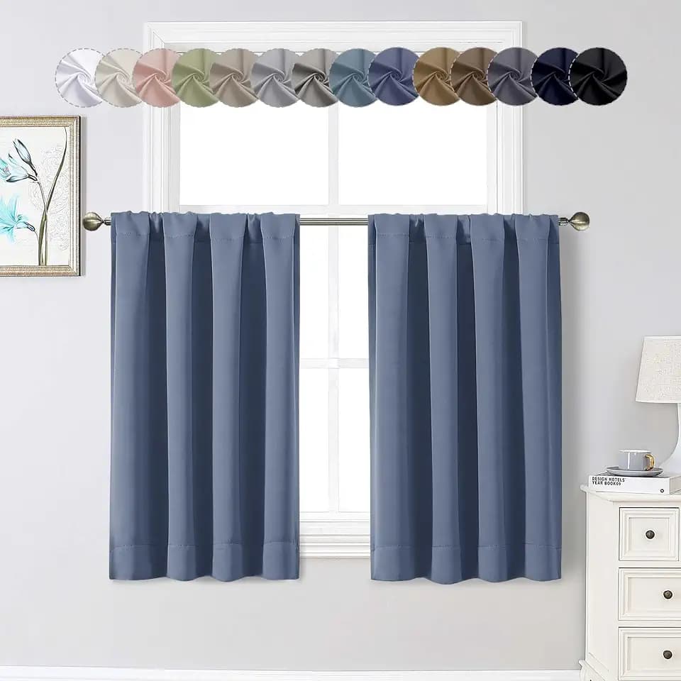 Denim Cafe Blackout Curtains 36 Inch Length 2 Panels Set, Soft Solid Thermal Insulated Room Darkening Small Window Curtains for Kitchen Bathroom Basement, Denim, Each, 40" Wx36 L