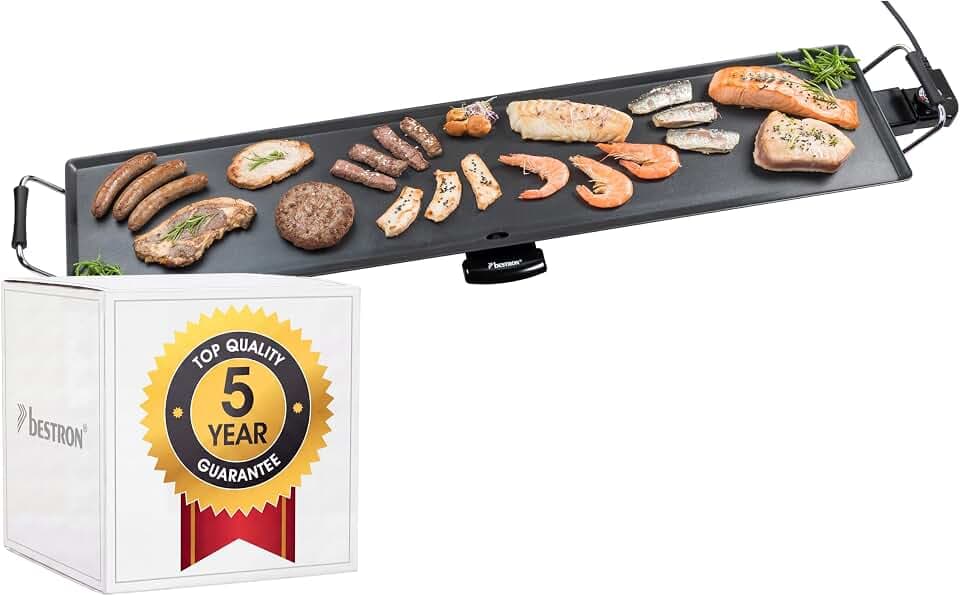 Bestron elektrische XXXL Plancha-/Teppanyaki-Grillplatte mit Antihaftbeschichtung, Grillspaß für bis zu 10 Personen, extra lange Grillfläche, 2.000 Watt, Farbe; Schwarz
