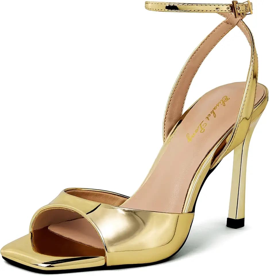 Elisabet Tang Woman's Square Open Toe Ankle Strap Heeled Sandals Stiletto High Heel Sandal Dressy Sexy Wedding Party Shoes