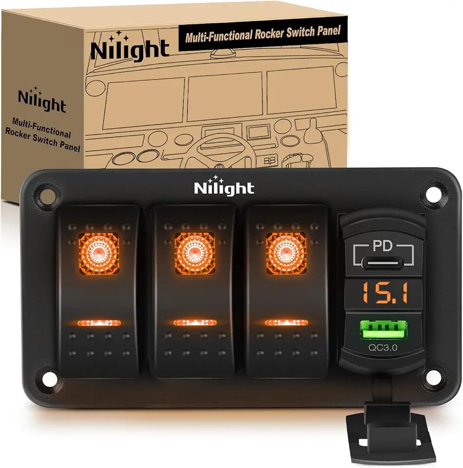 Nilight 3 Gang Rocker Switch Panel with PD Type C and USB Charger Voltmeter