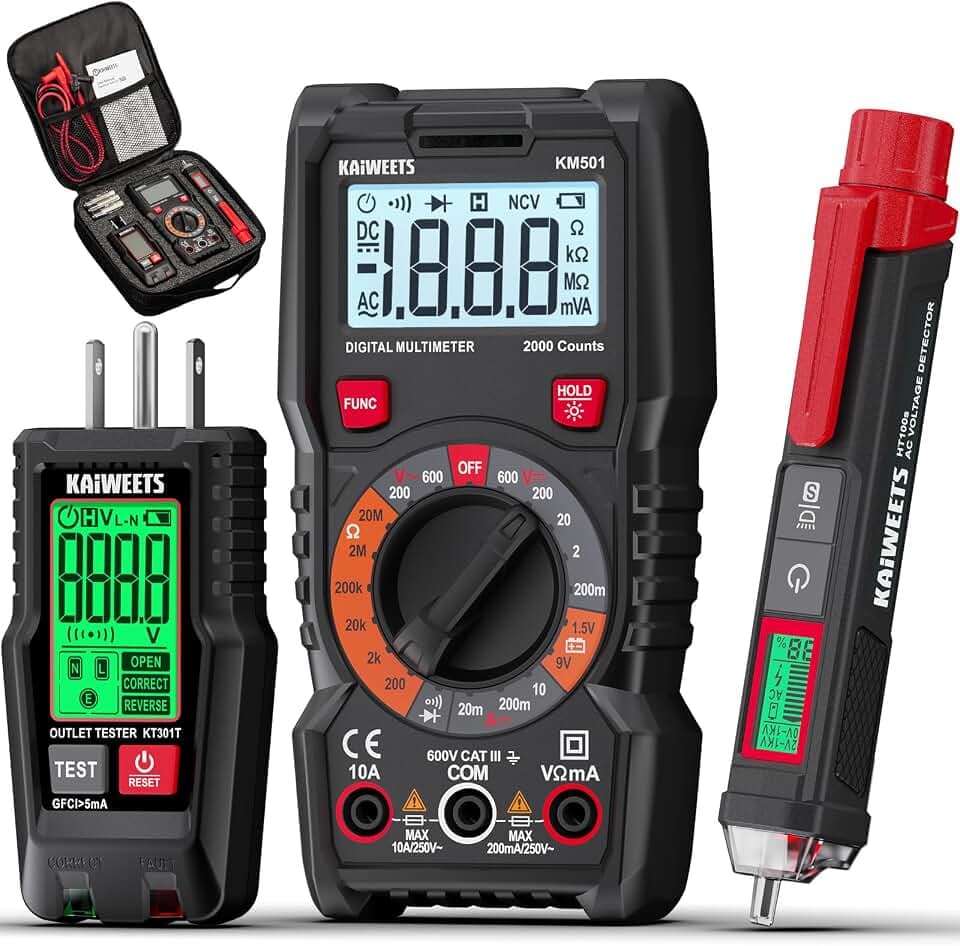 KAIWEETS Electrical Test Kit KIT01, Digital Multimeter, Smart Non-Contact Voltage Tester & GFCI Outlet Tester with LCD, Complete Set with Carrying Case & Batteries for Electrician, DIY & HVAC