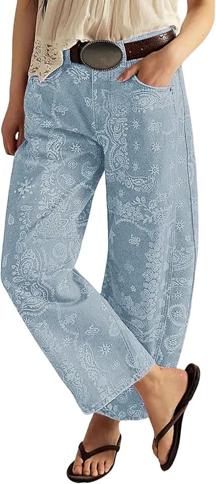 loveimgs Women Boyfriend Baggy Barrel Jeans Floral Print Denim Ankle Pants Wide Leg Mid Rise Jeans Sweatpants Y2k Patchwork