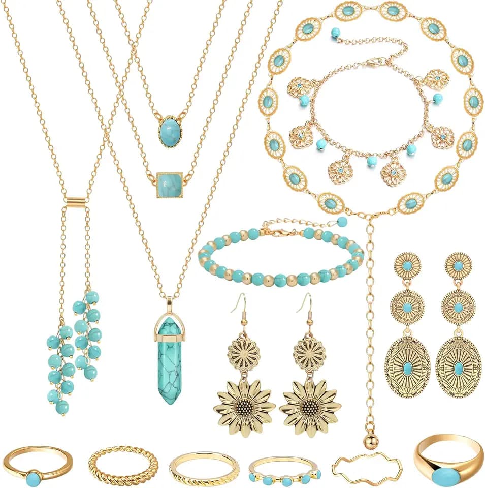 NEWITIN 15 Pieces Gold Bohemian Jewelry Set for Women Turquoise Jewelry Set