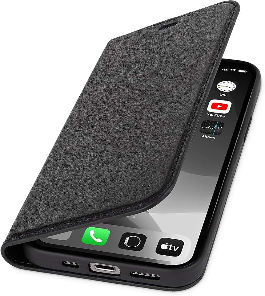 WIIUKA Hülle für iPhone 14 Pro, Leder aus Deutschland, mit Kartenfach, extra Dünn, Handyhülle mit Standfunktion, Tasche Schwarz