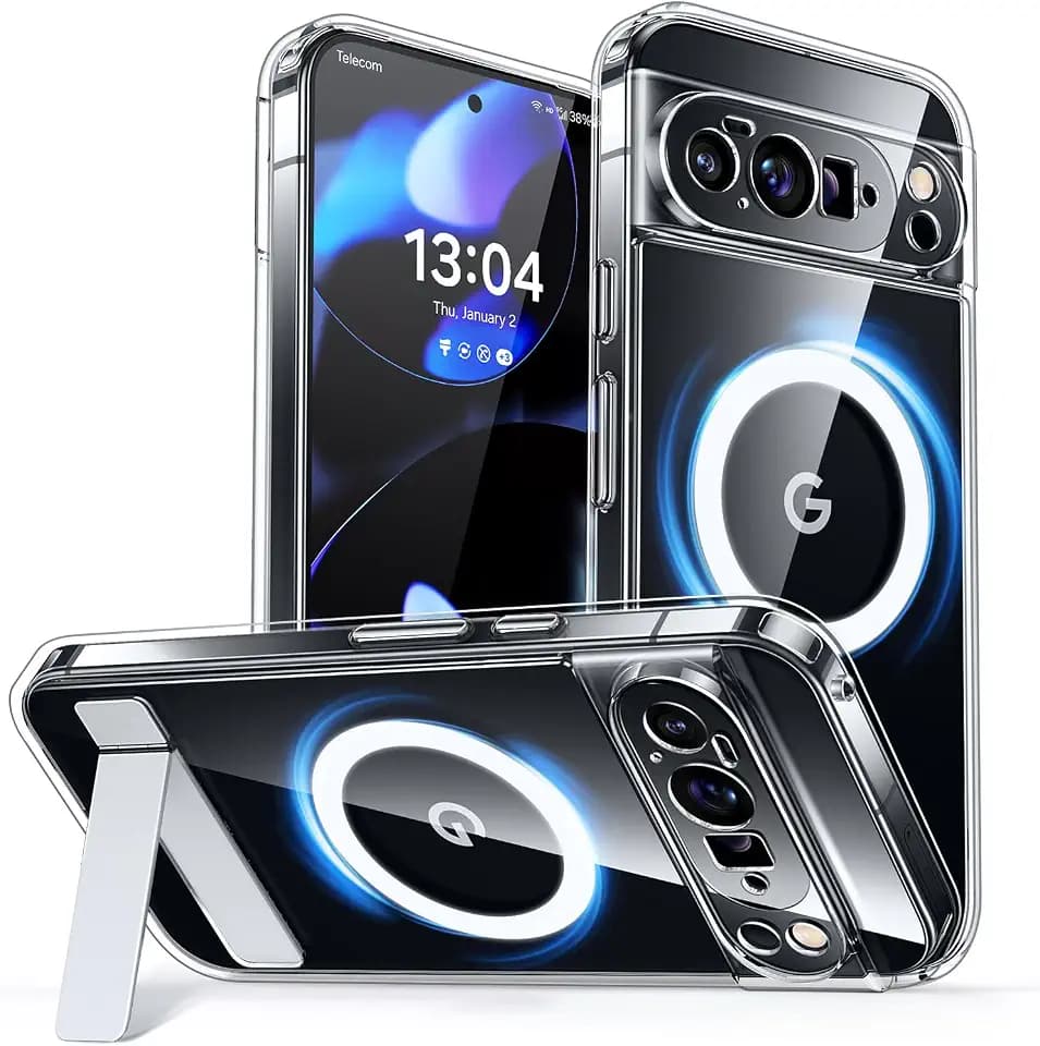 CANSHN Magnetic for Google Pixel 10 Pro Case with Metal Stand, Clear