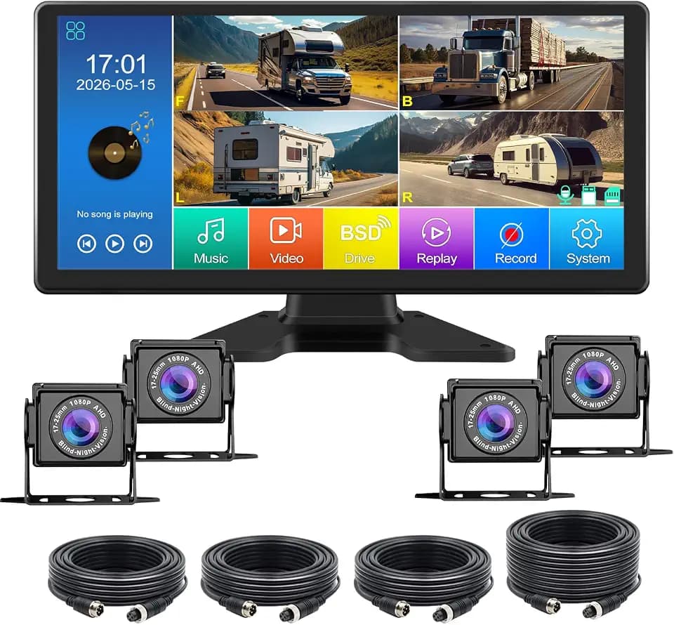VEKOOTO Truck Camera System, 4CH Backup Camera with 10.36'' Touch Screen, Waterproof 4 AHD Rear Side View Camera, for Truck/Semi-Trailer/Camper/RV/Bus