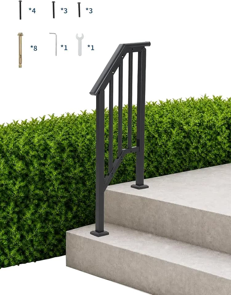 Handrails for Outdoor Steps, Adjustable Stair Handrail Kit Fit 1 to 2 Steps Outdoor Stair Railing, Transitional Wrought Iron Handrails with Balusters for Concrete/Porch/Deck/Wooden Steps,Black