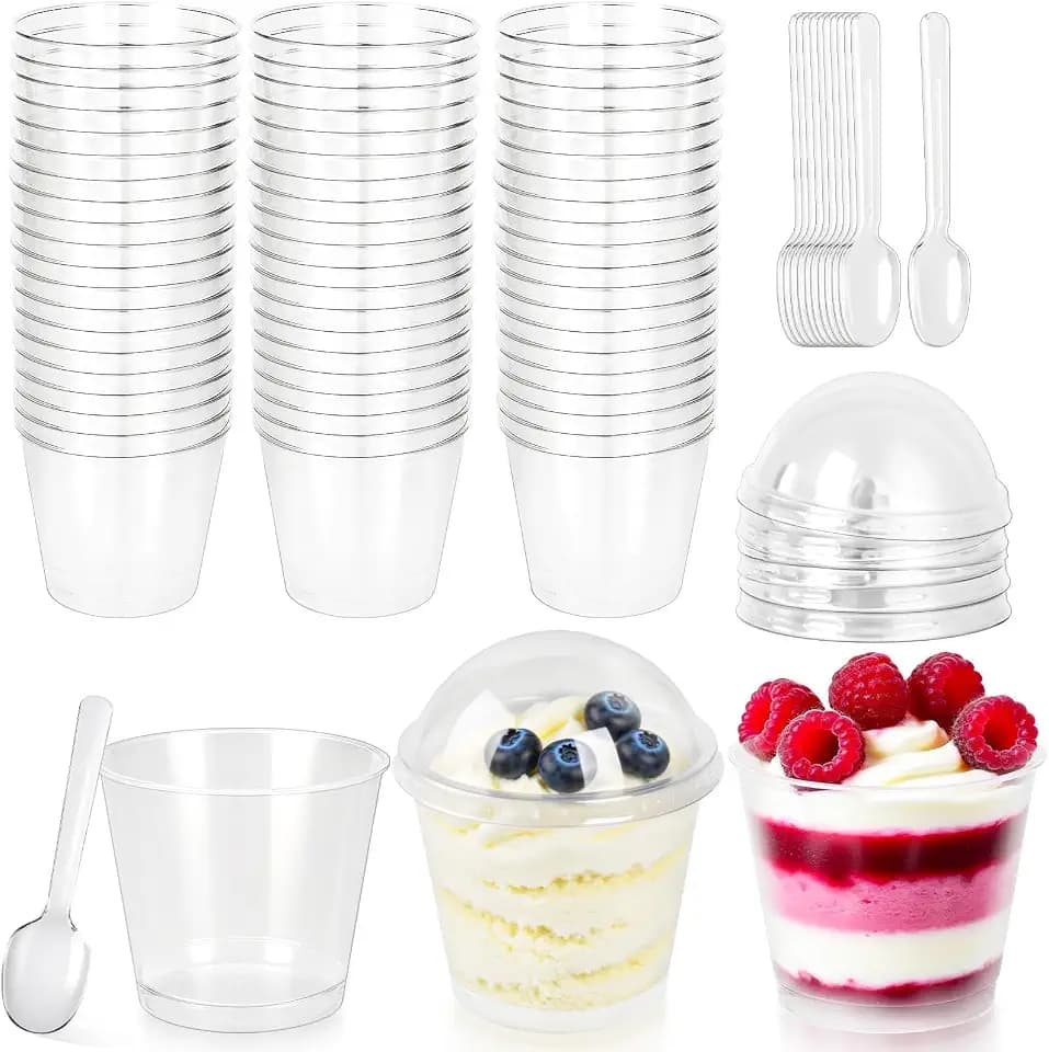 60 Stück Mini Dessertgläser Plastik mit 60 Stück Löffeln 210 ml Dessertbecher mit Deckel Kleine Wiederverwendbar Dessertschalen Runden Desserttöpfe für Zuhause Desserts Mousse Pudding