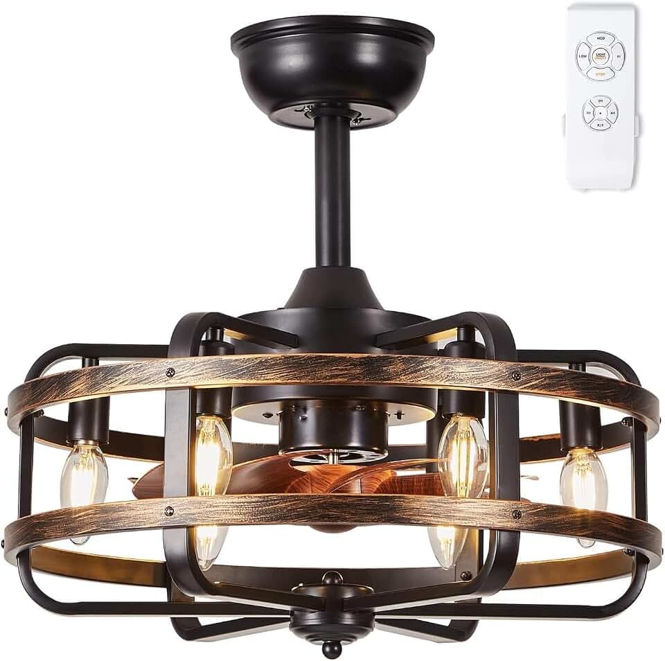 Deckenventilator mit Beleuchtung, Käfig-Deckenventilator Industrie Retro Schwarz mit Fernbedienung, Reversibel 3-Stufig Dimmbar Deckenlampe mit Ventilator, Lampensockel E14*6 Wohnzimmer Schlafzimmer