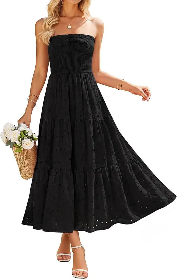 ZESICA Womens 2026 Summer Boho Strapless Smocked Midi Dresses