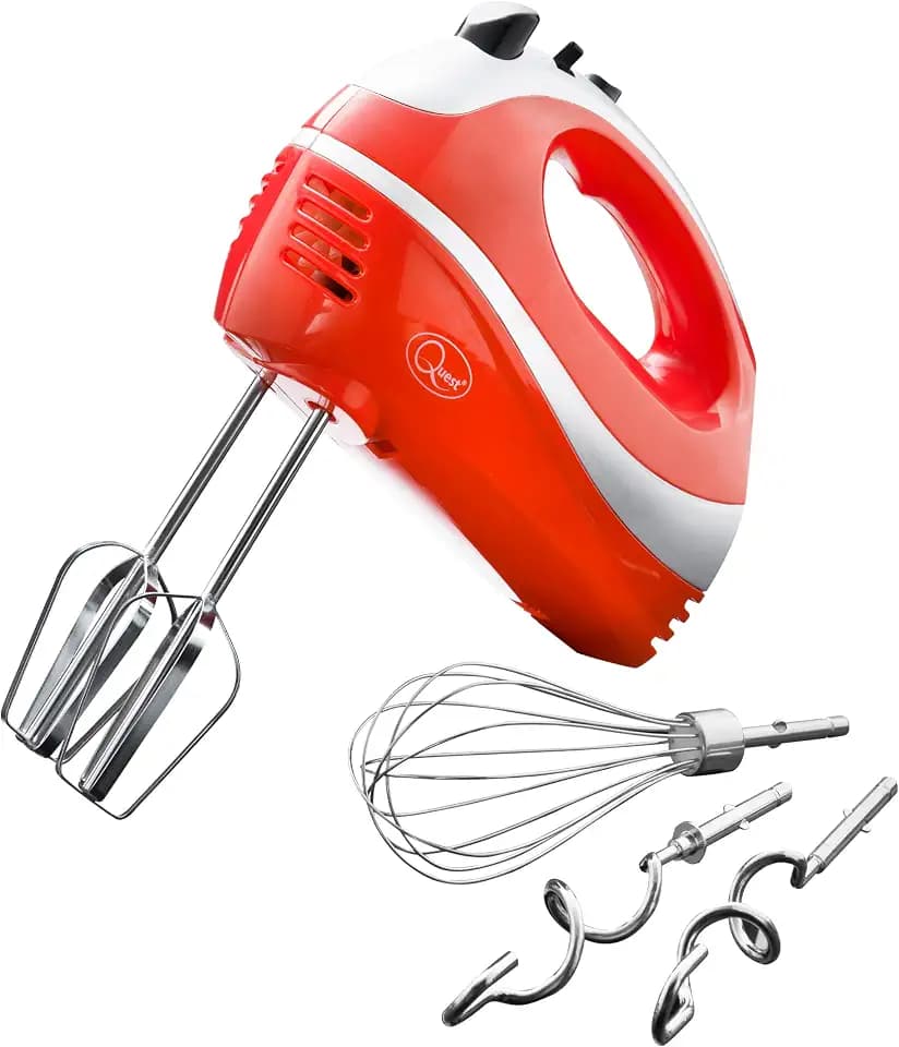 Quest 35820 Elektrischer Handrührer/Komplett mit Chromschlägeln, Knethaken & Ballonbesen / 5 Gang mit Turbo-Funktion / 300W / Rot