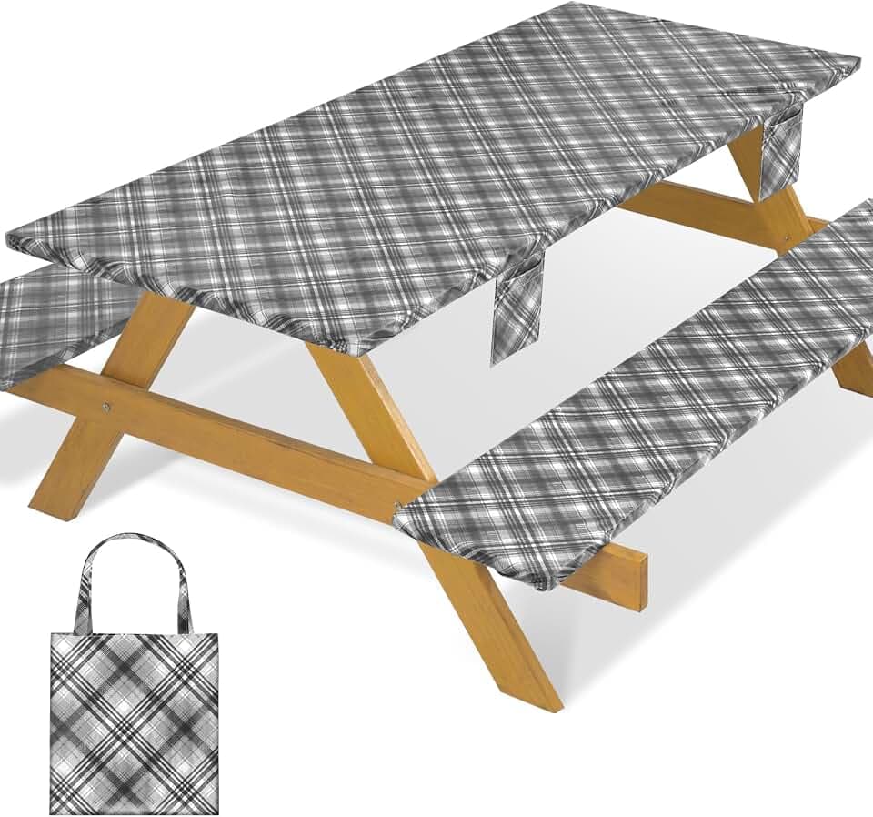 Fitted Waterproof Picnic Table Cover with Bench Covers Heavy Duty Elastic Outdoor Camping Tablecloth for 6 Foot Rectangle Tables Summer Rv Accessories Patio Garden Road Trip Essentials Gifts