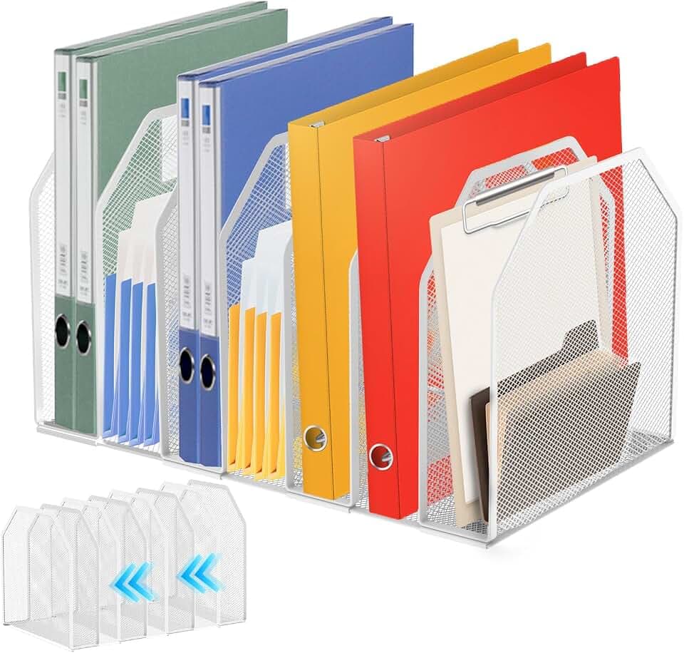 Metall Schreibtisch Organizer mit Verstellbarer Trennwänden, Ordner Halter mit 7 vertikalen Fächern, Zeitschriftenhalter, Buch Organizer, Stehordner für Zuhause Büro Schule (weiß,7 Quadrate)