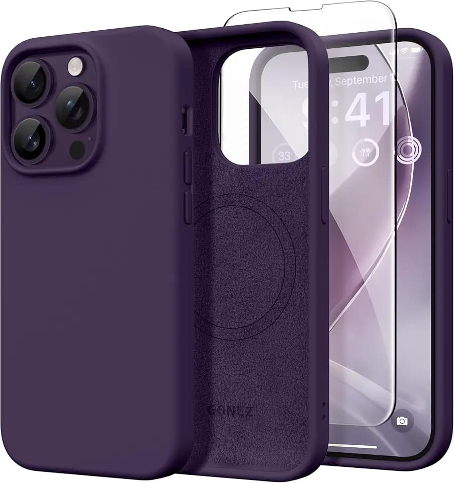 GONEZ Magnetic for iPhone 14 Pro Case, [Compatible with MagSafe] Anti-Scratch Microfiber Lining & Screen Protector, Shockproof Slim Phone Silicone Cover 6.1 inch, Deep Purple