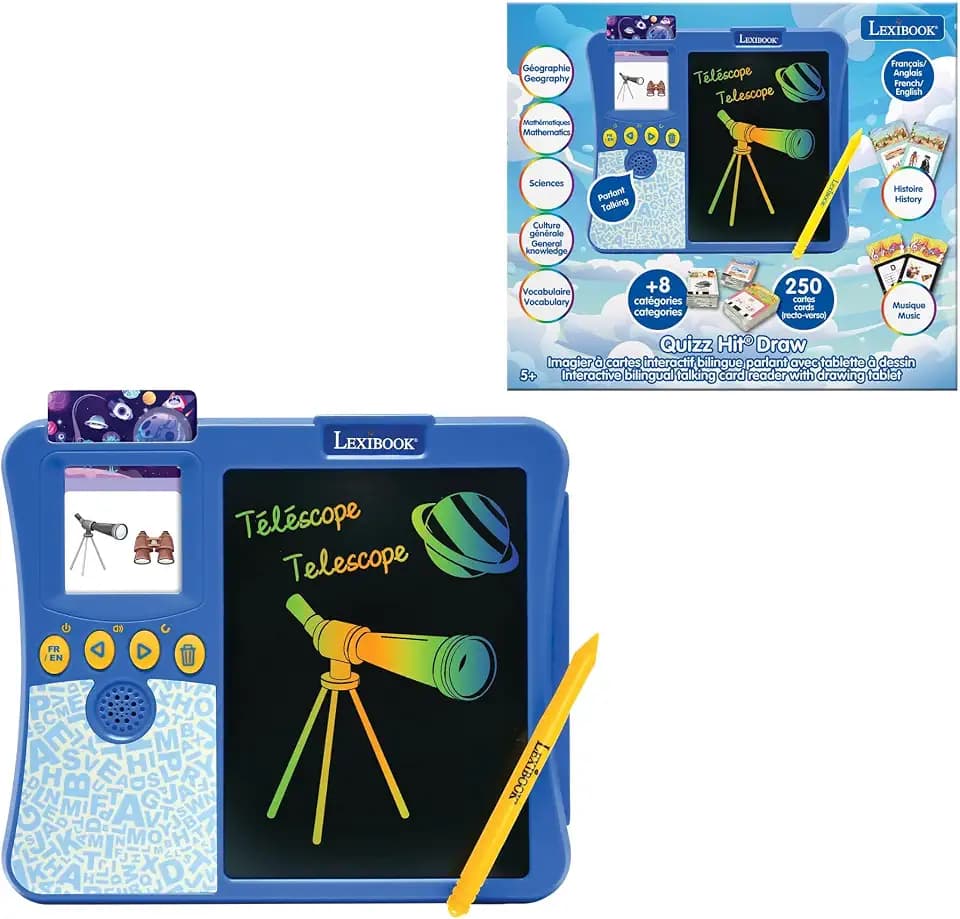 Lexibook, QuizzHit Draw, Interaktives sprechendes zweisprachiges Bild, Französisch/Englisch, mit Zeichentablett, 250 Vokabelkarten und Quiz, um Länder, Tiere und mehr zu Lernen, JCR20i1, Blau