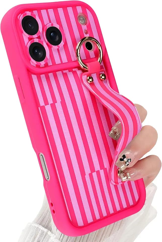 Cute for iPhone 17 Pro Max Case with Strap Stand, Hot Pink Stripes