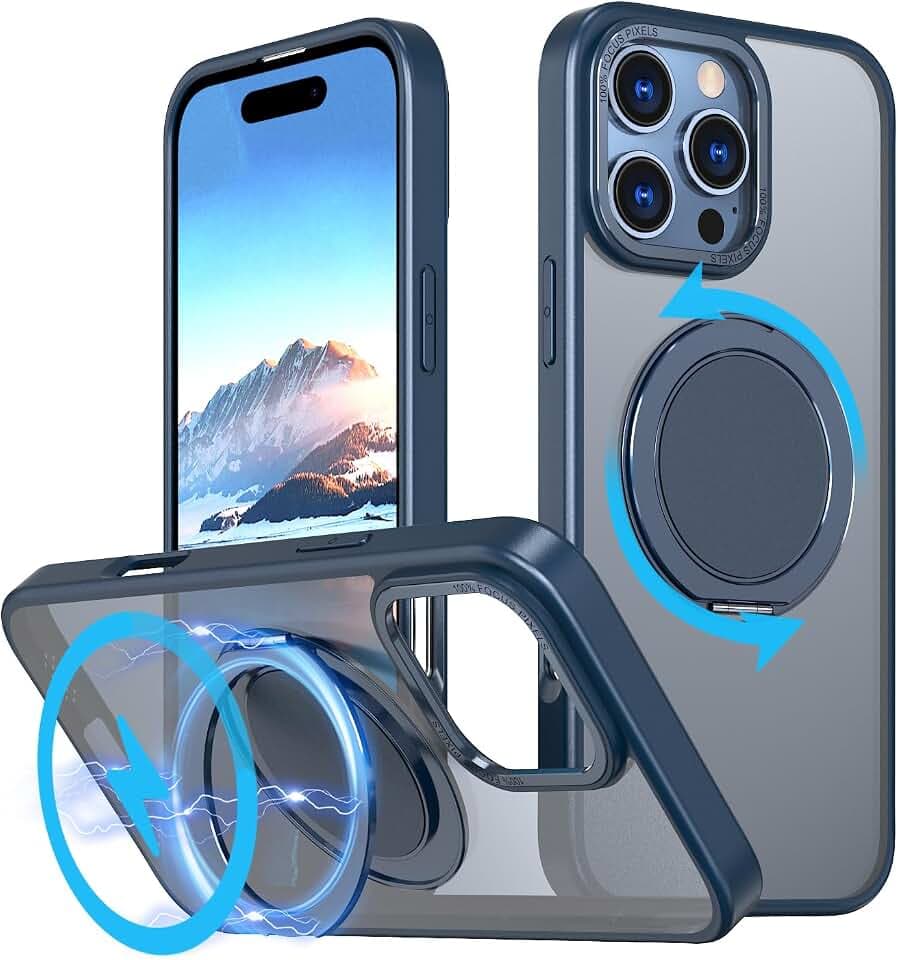 für iPhone 16 Pro Max magnetisch Hülle mit 360 Grad drehen Metall Ring Ständer & Kameraschutz Weich TPU Bumper Stoßfest Hart PC Rückseite Kratzfest ultradünn Tough Schutzhülle,blau