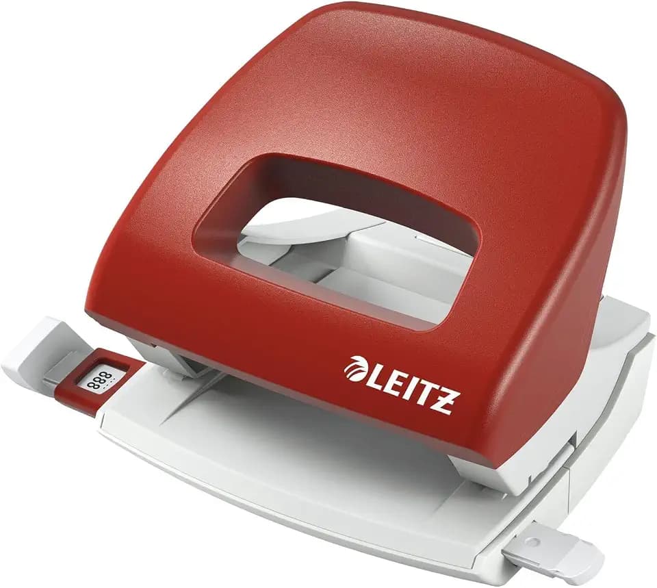 Leitz Kleiner Büro Locher aus Metall, 16 Blatt, Anschlagschiene mit Formatangaben, Ergonomisches Design, rot, 50380025