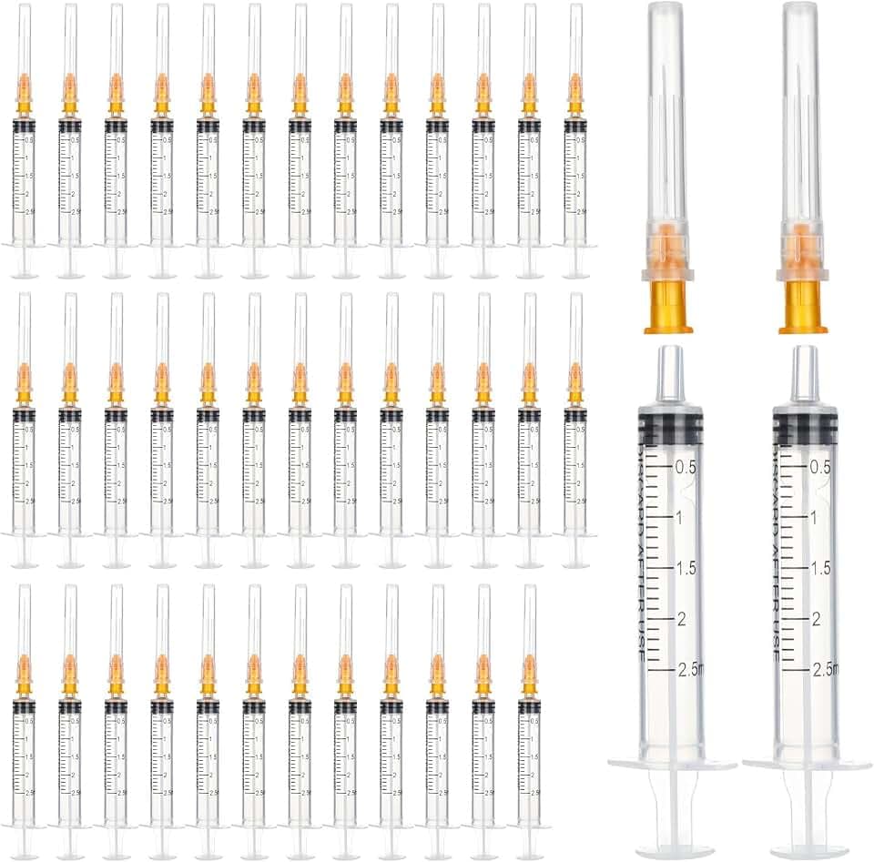40 Stück Kunststoff Spritze mit Nadel, Vielseitige Spritzen 2,5ml, Plastikspritze Einzeln Verpackt, Dosierspritzen mit Kappen für Garten, Haustierpflege, Laborbedarf