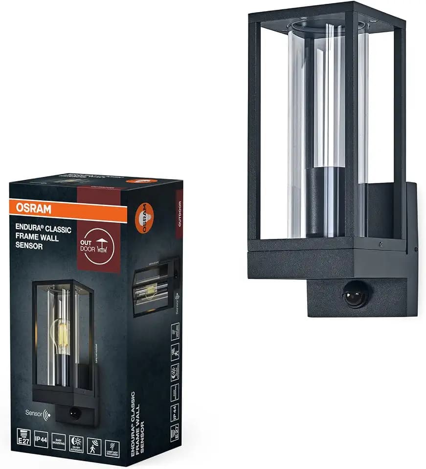 Osram Endura Classic LED Wandleuchte Frame, E27 Fassung, PIR Sensor, IP44, Aluminium dunkelgrau, Glas