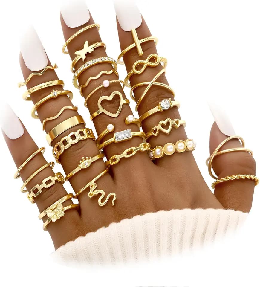 FAXHION 24-60 Pcs Gold Stackable Rings for Women, Knuckle Rings Chunky Gold Ring Set Dainty Stacking Cute Rings, Multiple Sizes Cute Jewelry Set Gift