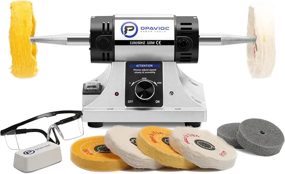 Schmuck-Poliermaschine – Einstellbare Drehzahl-Bankschleifer, Poliermaschine und Poliermaschine, Zahndämpfer und Drehmaschine, inkl. 6 Stoffrollen, 2 Schleiffaserrädern, Glas