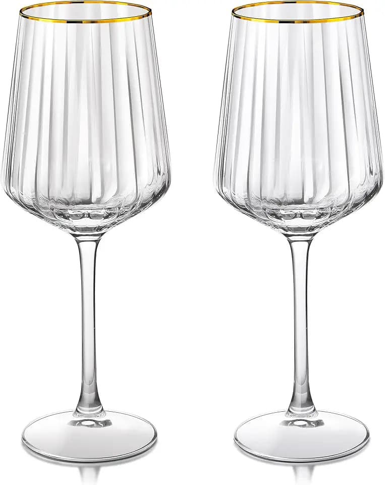 Joeyan 560ml Goldrand Weingläser 2er Set, Kristall Gerippte Rotweingläser