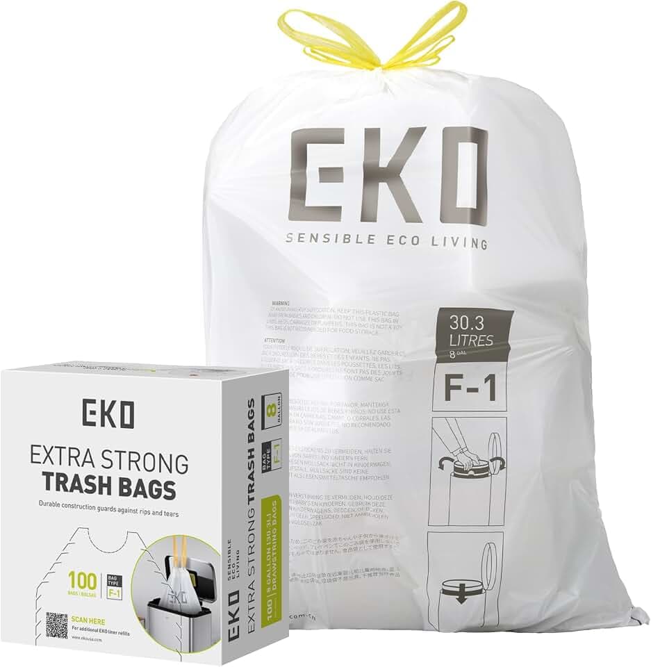 EKO Easy-Dispense Roll 100 Count Extra-Strong Drawstring Kitchen Trash Bags – 8 Gallon Garbage Bags (30.3L) 1 pack, Code F-1 Slim Fit, White