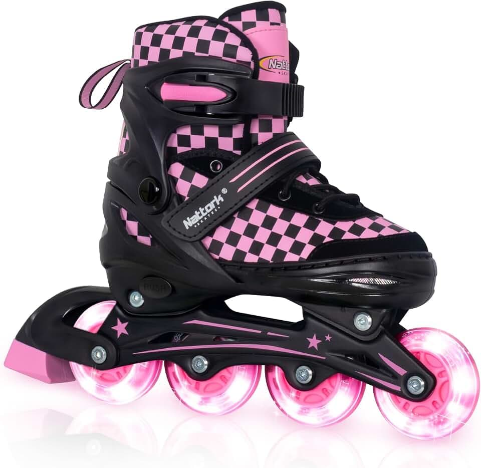 Nattork Adjustable Inline Skates for Kids Teens, Illuminating Wheels Blades Roller Skates with Checkerboard Design for Boys Girls