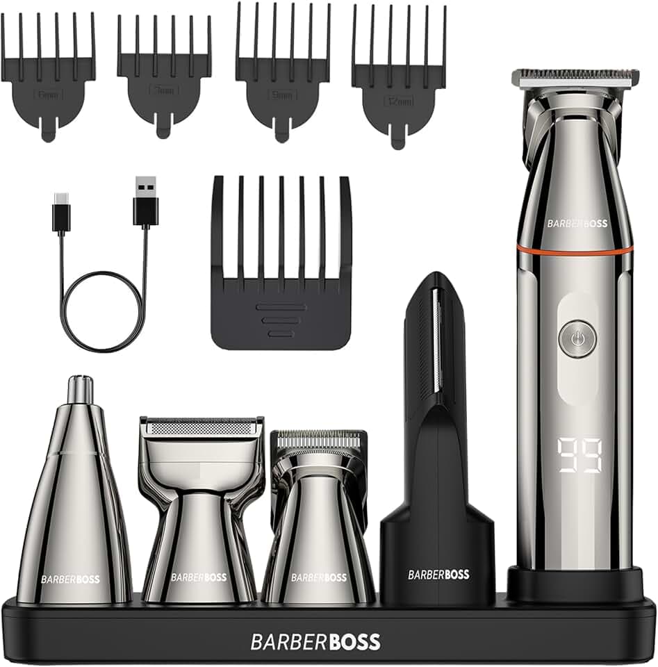 BarberBoss 5-in-1 Bartschneider Herren, Pflegeset für Männer, Schnurlose Haarschneidemaschine, Nasen- & Körperrasierer mit LED-Display & USB-C-Ladung, Body Groomer