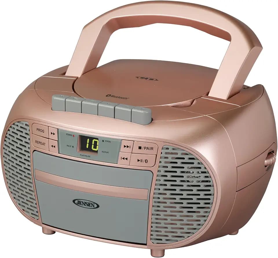 JENSEN CD-550BT-RG Portable Stereo Bluetooth CD Cassette Recorder with AM/FM Radio – Compact Bluetooth-Enabled Radio Player with Handle – Rose Gold