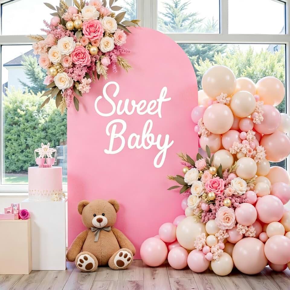Pink 7.2ft Arch Backdrop Cover, Arch Covers Stretchy Backdrop, Adjustable Spandex Round Top Chiara Backdrop Stand Covers for Wedding Birthday Baby Shower Banquet Decoration
