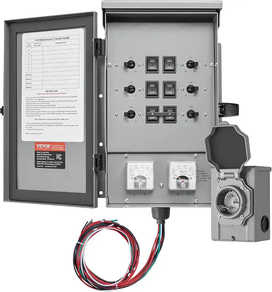 VEVOR Manual Transfer Switch, 30-Amp 6-Circuit, Prewired Generator Transfer Switch Kit with NEMA L14-30P Power Inlet Box, Double-Throw Switch, NEMA 3R, Mechanical Watt Meter, for 7500W Generators