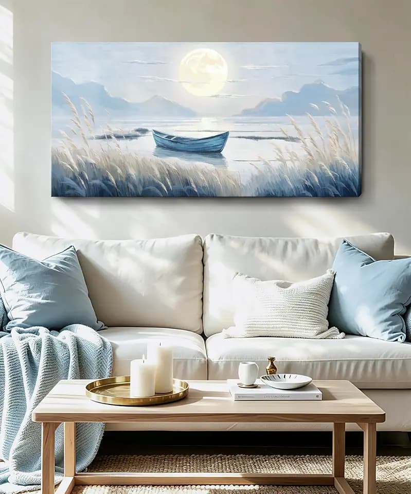 Large Wall Art for Living Room Bedroom Decor - Modern Nautical Beachy Ocean Beach Seascape Nature Artwork with Blue Boat Moon Lake Mountain Sea - Relaxing Serene Canvas Picture for Coastal Rustic Home