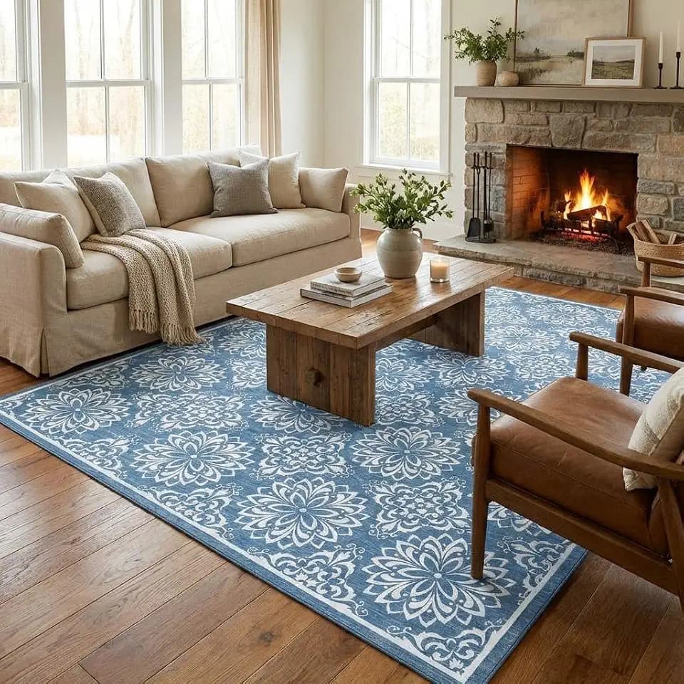 Garvee Floral 5x7 Area Rugs for Living Room Bedroom, Washable Non Slip Vintage Floor Rugs Large Low Pile Indoor Farmhouse Carpet for Girls Bedroom Dining Room, Oriental Home Decor Rug, Blue
