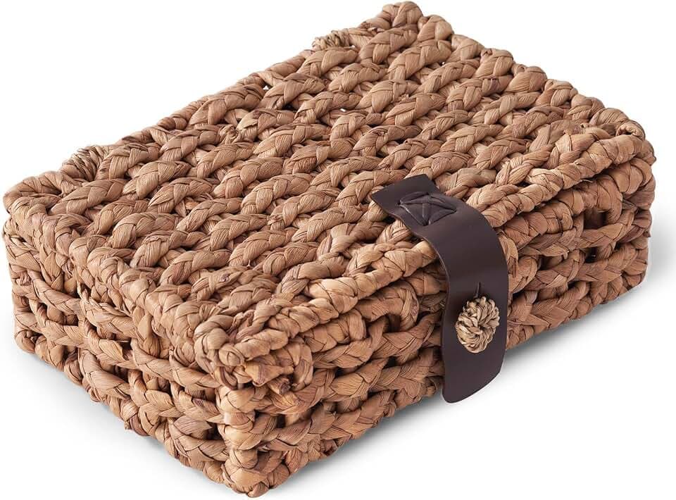 Decorative Box with Lid, Wicker Storage Basket, Water Hyacinth Woven Decorative box for Shelf, Coffee Table, Console Table, Home Decor (Small)