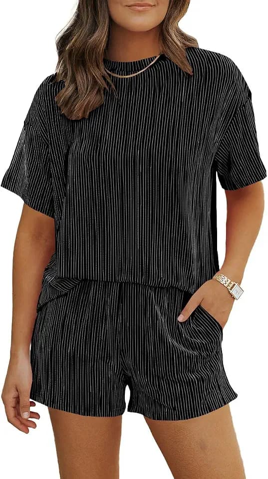 Ulovmi Women 2 Piece Outfits Summer Sets Lounge Sweatsuits with Short Sleeve